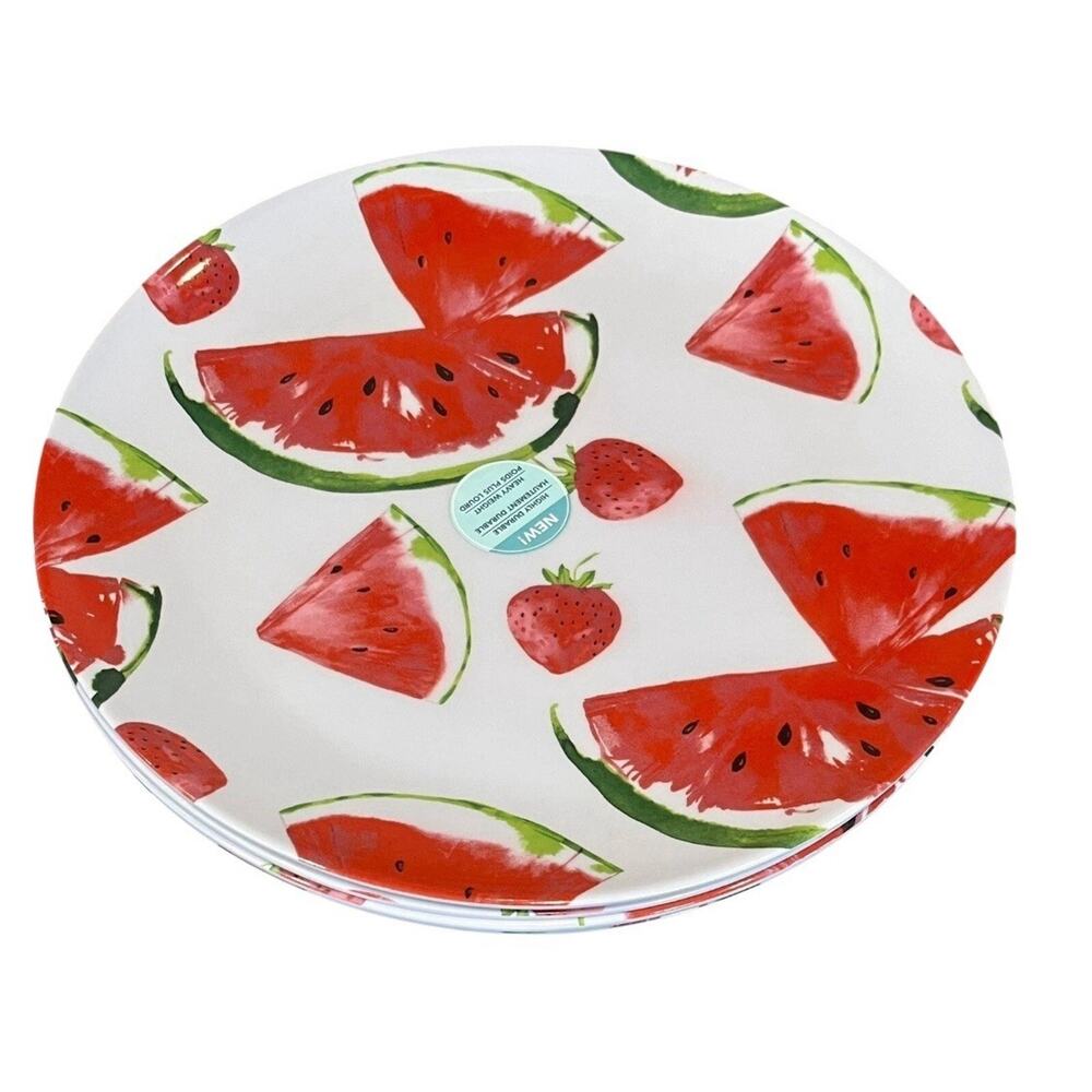 Set Of 6 - Melamine Dinner Plates Watermelon Strawberries 11” summer beach
